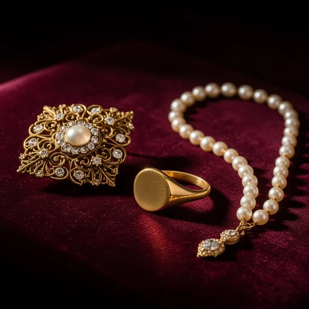 Bijoux anciens sur velours bordeaux